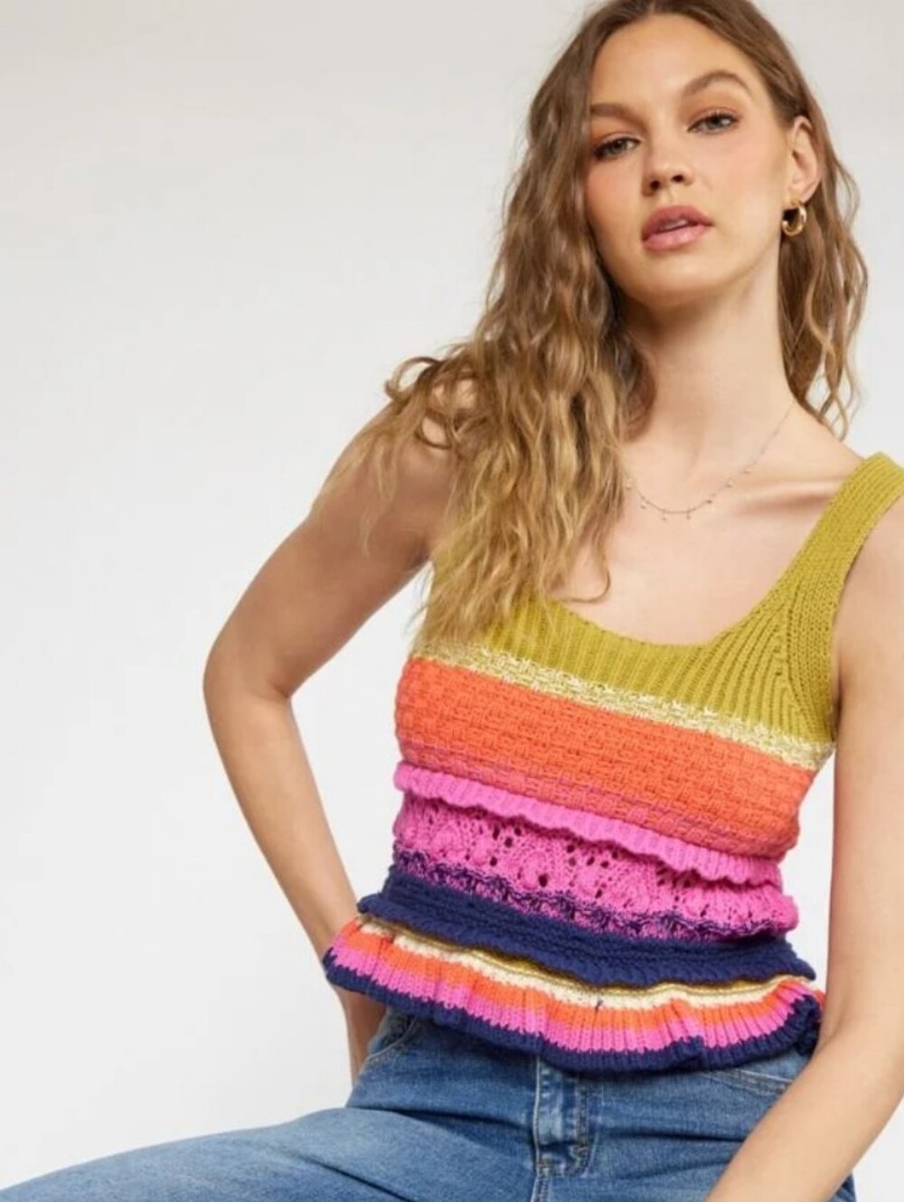 entro Striped Multicolor Knit Tank Top - Olive, Coral, Pink